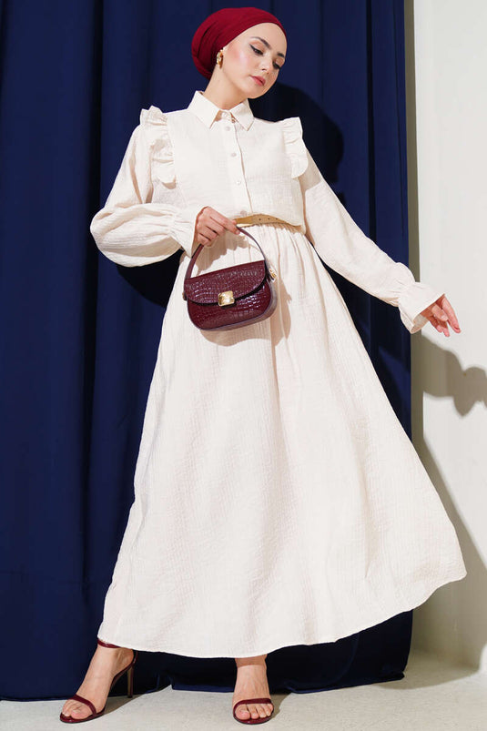 طقم من قطعتين مع تنورة وكشكشة على الكتف باللون البيج