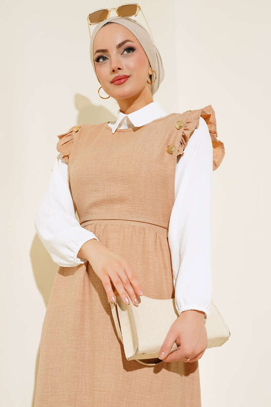 Ruffled Shoulder Two-Piece Suit Beige