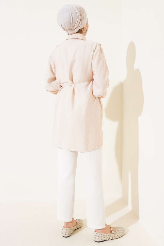 Pearly Shirt with Ruffled Shoulders, Beige