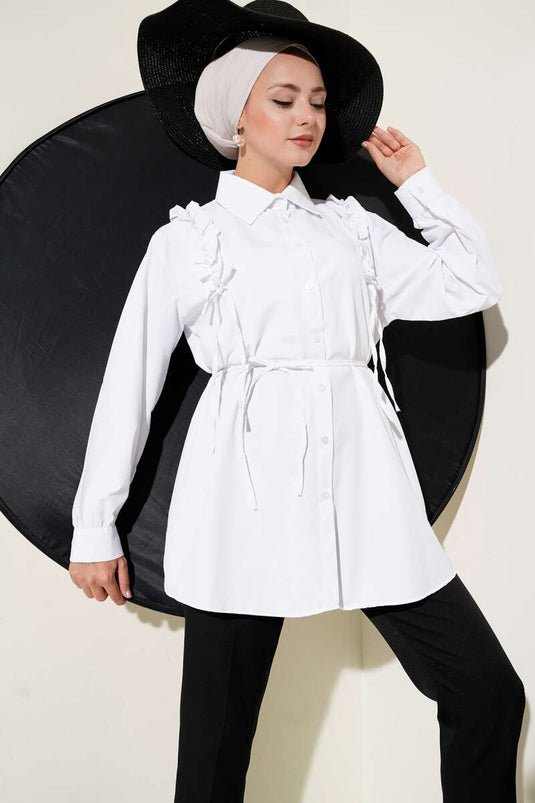 Omuz Fırfırlı İncili Gömlek Beyaz
