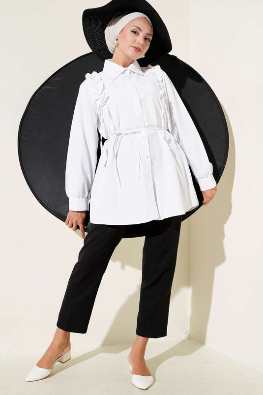Pearly Shirt with Ruffled Shoulders, White