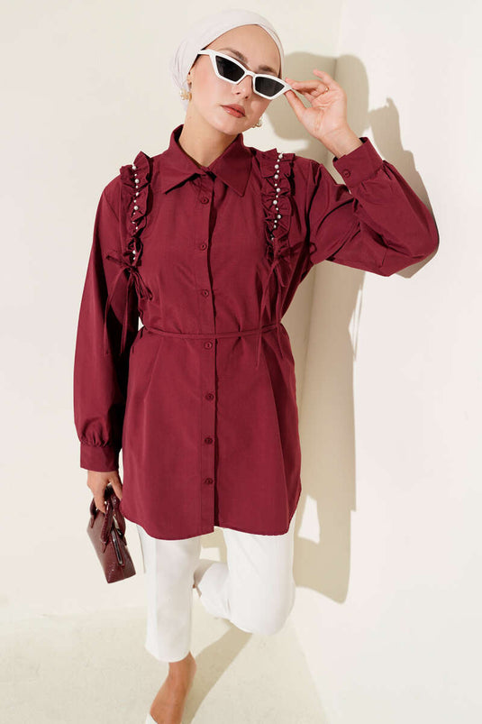 Pearl-Printed Shirt with Ruffled Shoulders, Burgundy