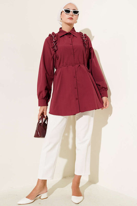 Pearl-Printed Shirt with Ruffled Shoulders, Burgundy