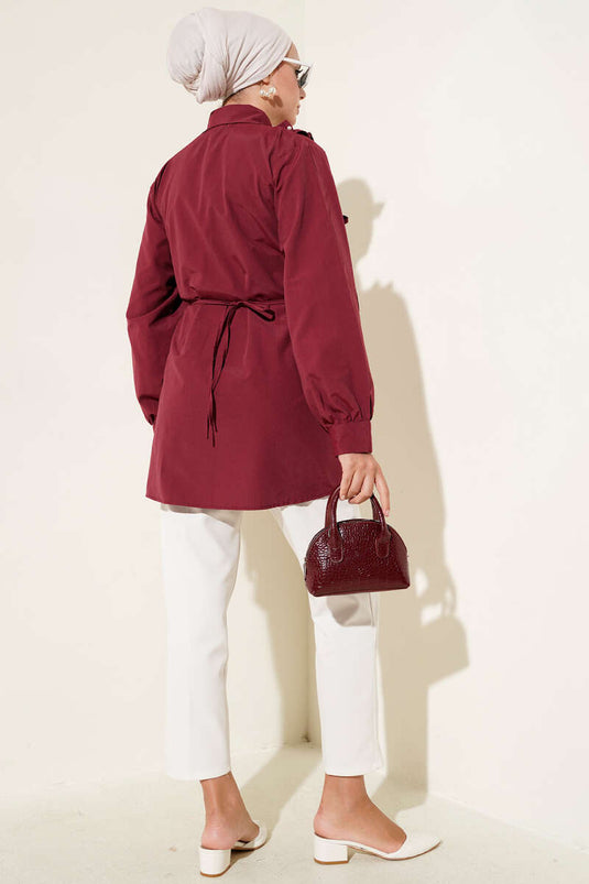 Pearl-Printed Shirt with Ruffled Shoulders, Burgundy