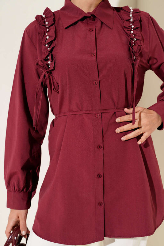 Pearl-Printed Shirt with Ruffled Shoulders, Burgundy