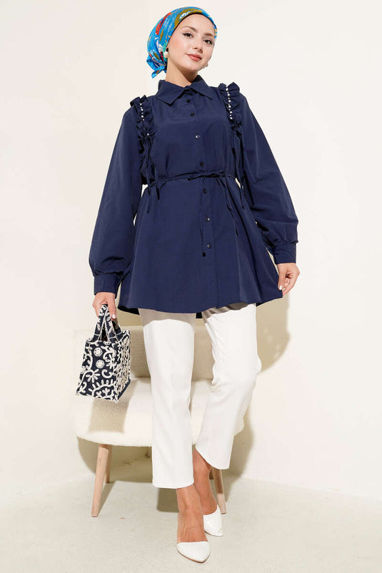 Navy Blue Ruffled Pearl Shirt