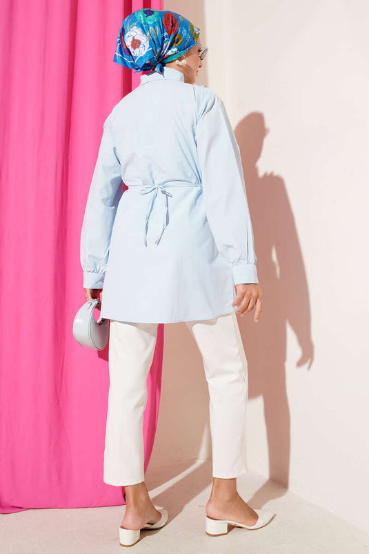 Ruffle Shoulder Pearl Shirt Blue