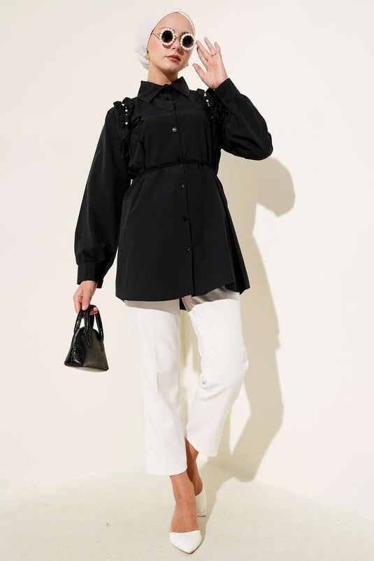 Pearly Shirt with Ruffled Shoulders, Black
