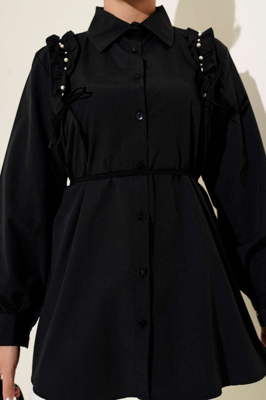 Perlmuttfarbenes Hemd mit Rüschen an den Schultern, Schwarz