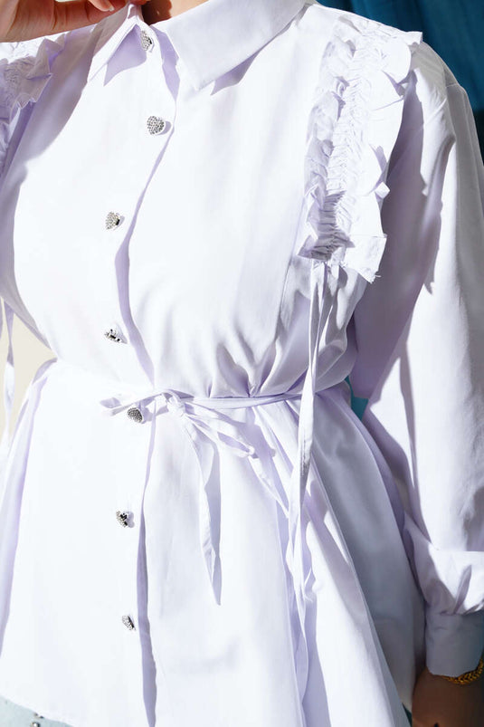 Omuz Fırfırlı Kalp Düğmeli Gömlek Beyaz