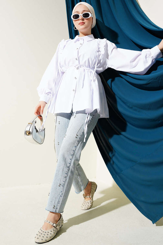 Omuz Fırfırlı Kalp Düğmeli Gömlek Beyaz