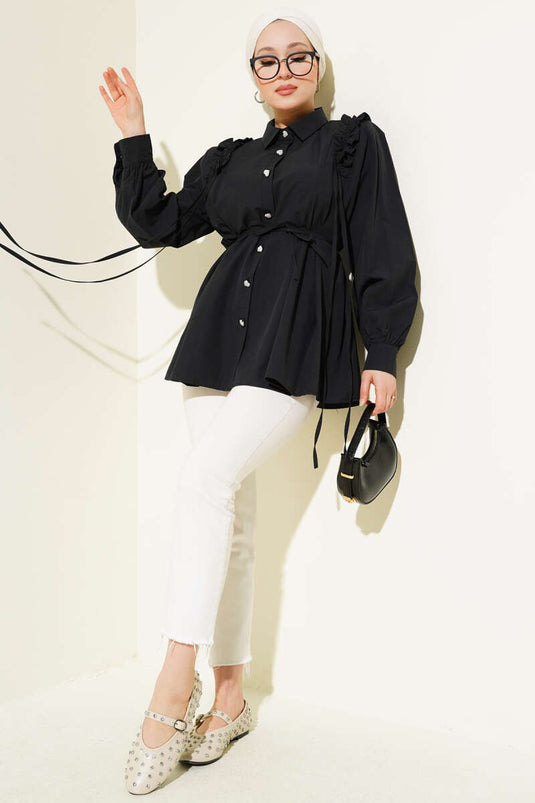 Shoulder Ruffle Heart Button Shirt Black