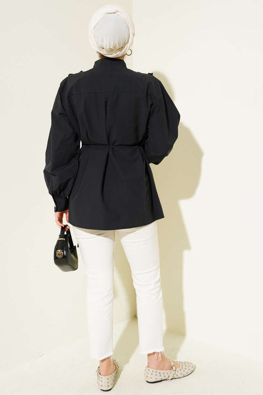 Shoulder Ruffle Heart Button Shirt Black