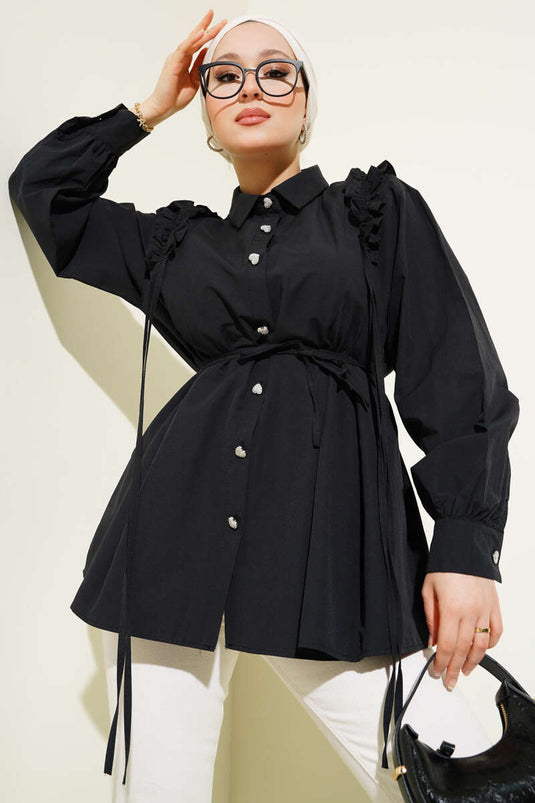 Shoulder Ruffle Heart Button Shirt Black
