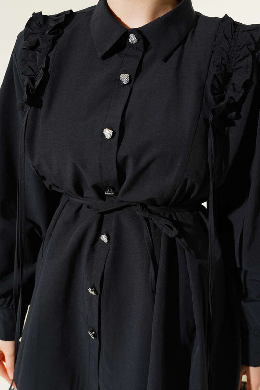 Shoulder Ruffle Heart Button Shirt Black