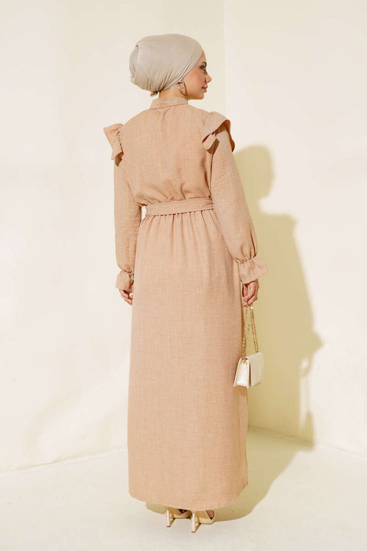 Robe en lin à volants et épaules Latte