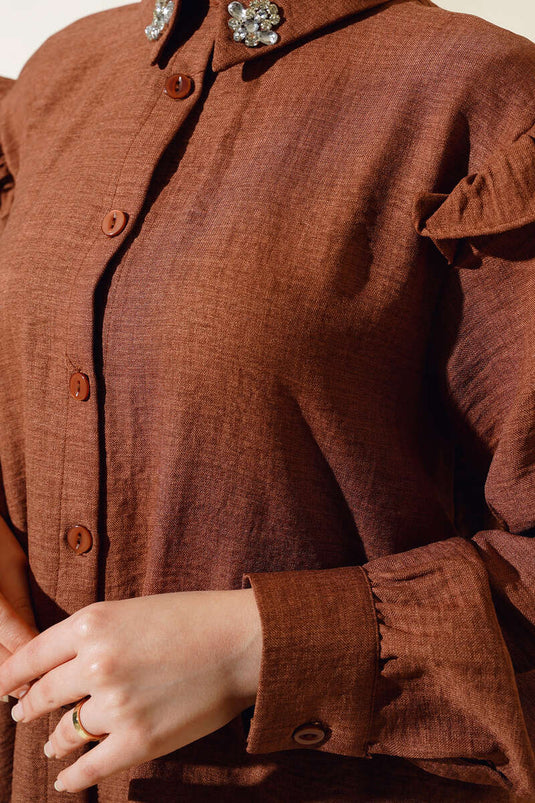 Shoulder Ruffled Linen Two-Piece Set Coffee