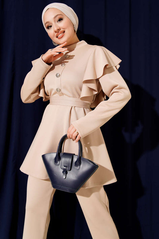 Beige Scuba Two-Piece Set with Shoulder Ruffles and Belt