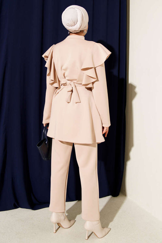 Beige Scuba Two-Piece Set with Shoulder Ruffles and Belt