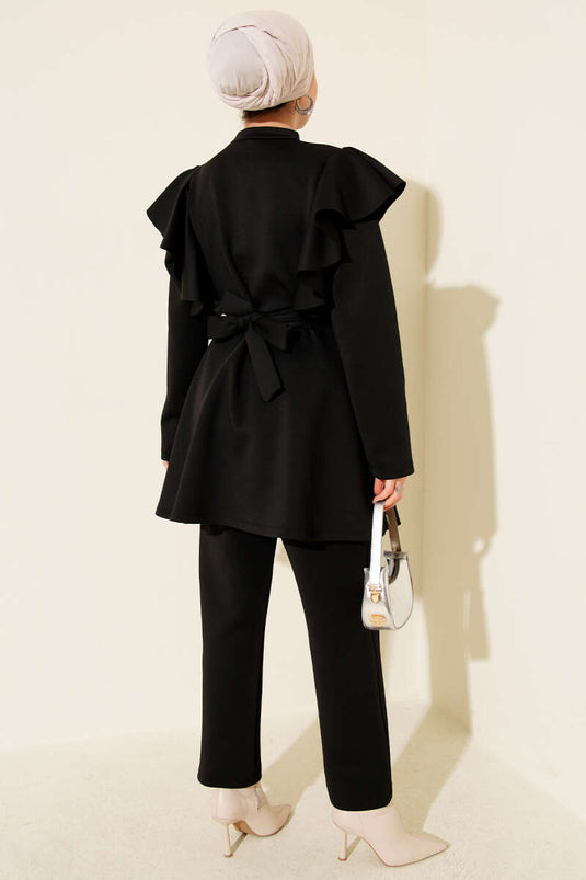 Zweiteiliges Scuba-Set mit Schulterrüschen und Gürtel, Schwarz