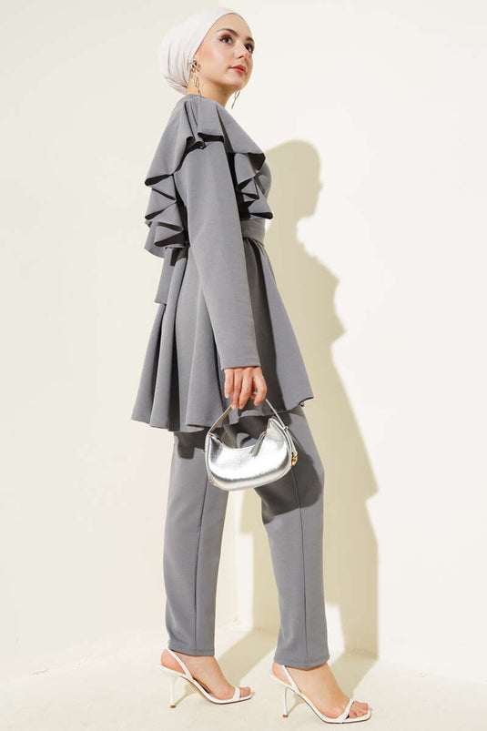 Shoulder Ruffle Belted Tunic Two Piece Set Gray