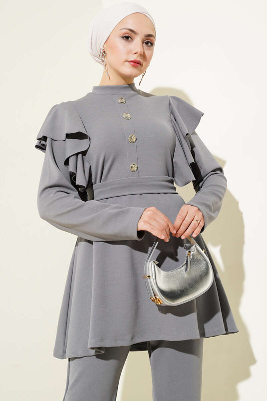 Shoulder Ruffle Belted Tunic Two Piece Set Gray