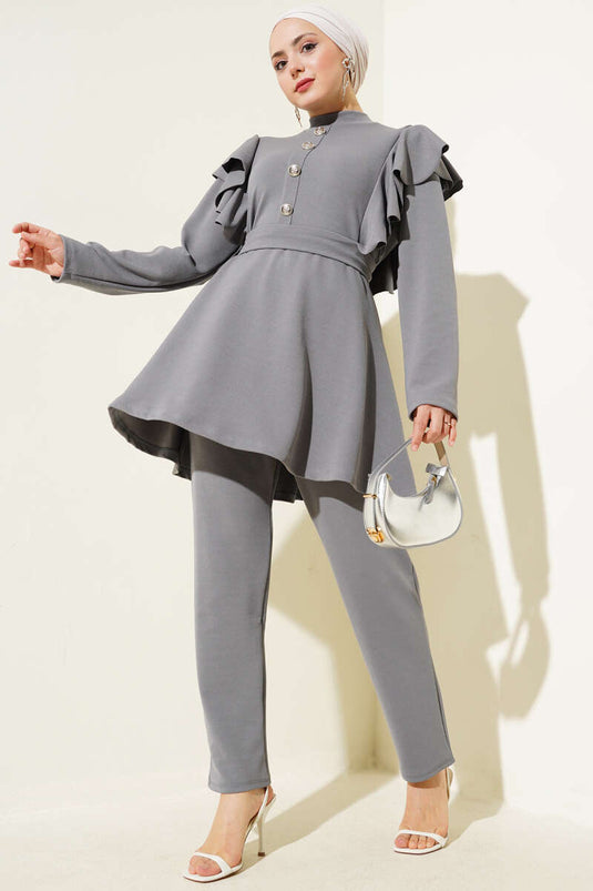 Shoulder Ruffle Belted Tunic Two Piece Set Gray