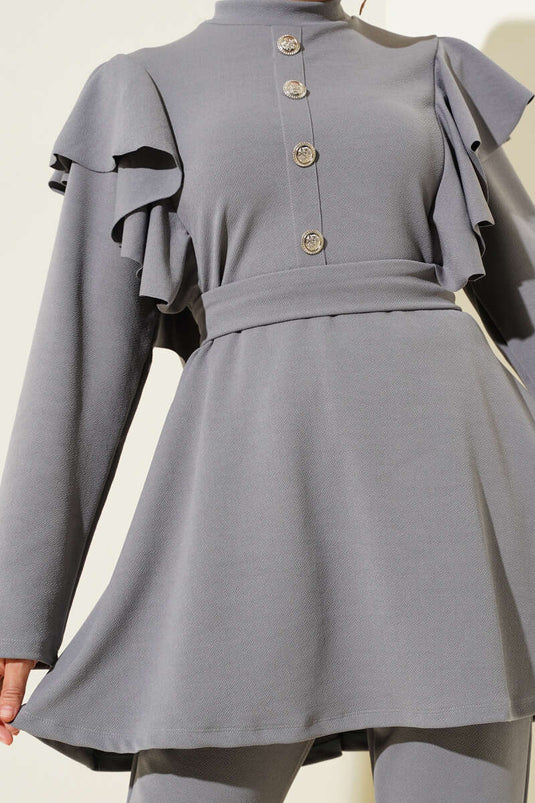 Shoulder Ruffle Belted Tunic Two Piece Set Gray
