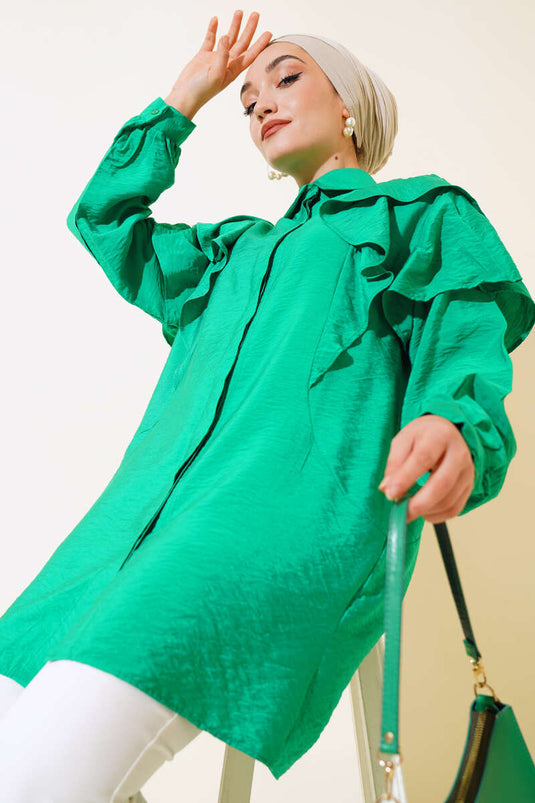 Schultergerüschtes kariertes Hemd grün