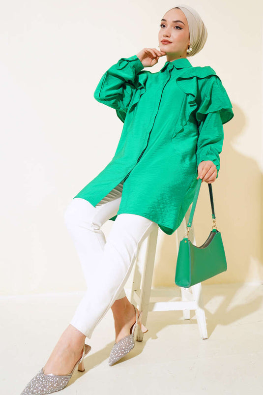 Schultergerüschtes kariertes Hemd grün