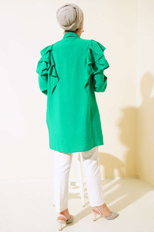 Schultergerüschtes kariertes Hemd grün