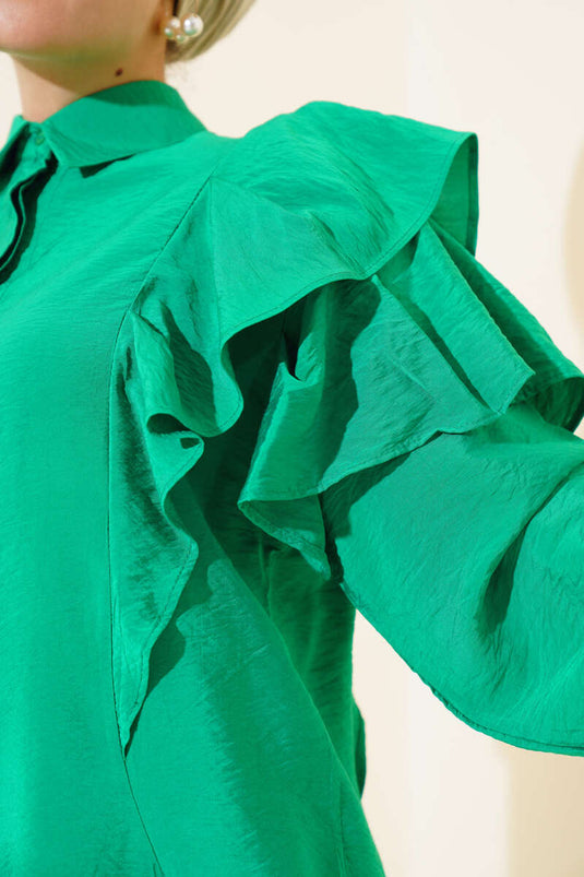 Schultergerüschtes kariertes Hemd grün