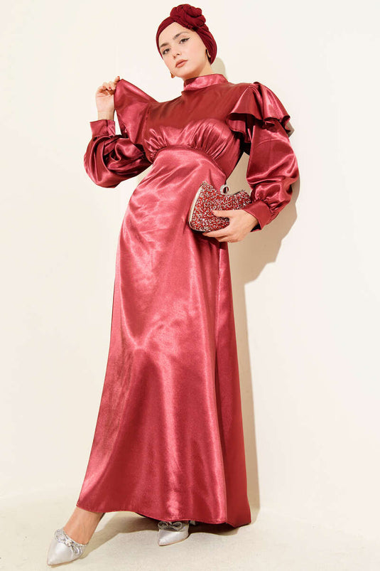 Burgundy Satin Evening Dress with Ruffled Shoulders