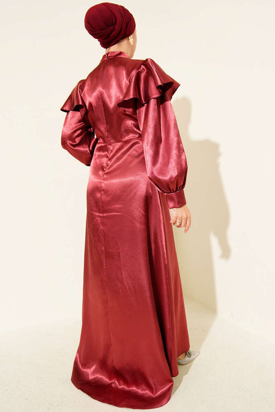 Burgundy Satin Evening Dress with Ruffled Shoulders