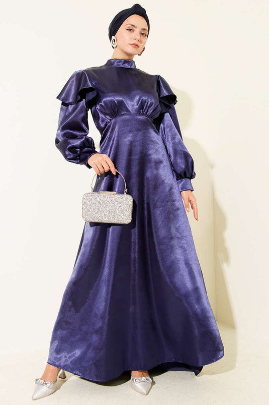 Shoulder Ruffled Satin Party Dress Navy