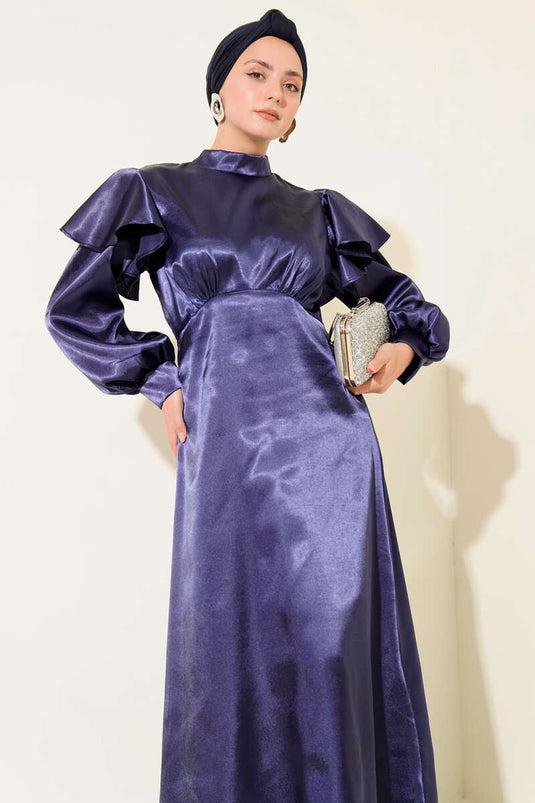 Shoulder Ruffled Satin Party Dress Navy