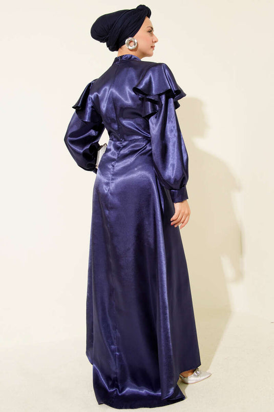 Shoulder Ruffled Satin Party Dress Navy
