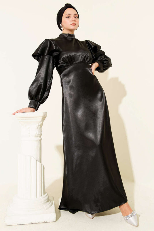 Satin Evening Gown with Shoulder Ruffles - Black