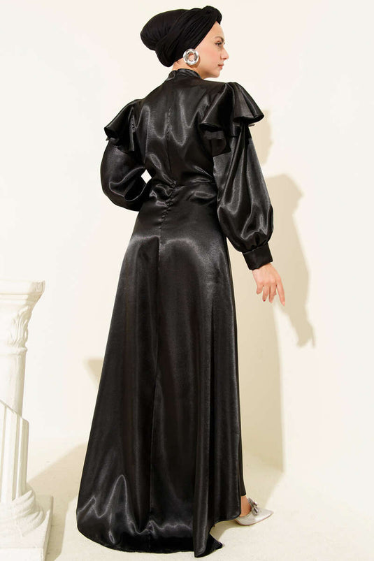 Satin Evening Gown with Shoulder Ruffles - Black