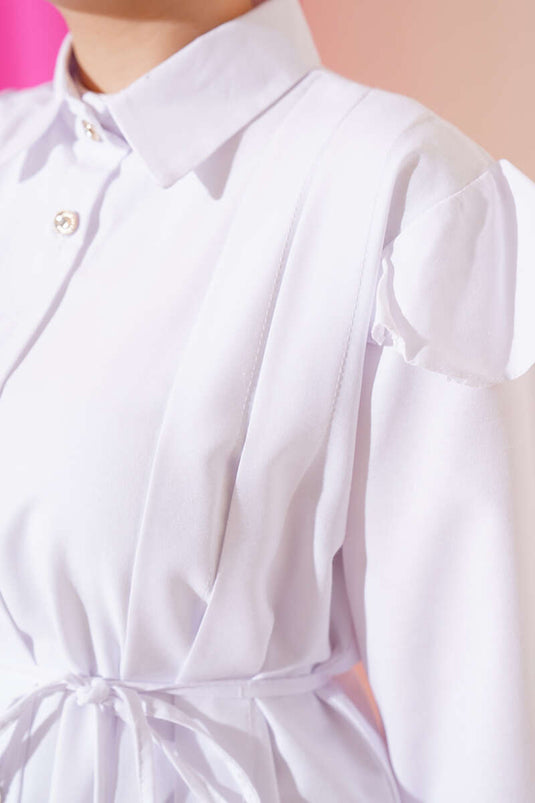 Omuz Fırfırlı Şeritli Kuşaklı Gömlek Beyaz