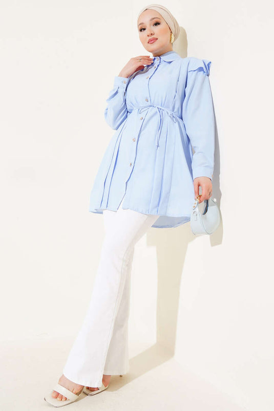 Omuz Fırfırlı Şeritli Kuşaklı Gömlek Buz Mavisi