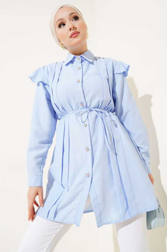 Omuz Fırfırlı Şeritli Kuşaklı Gömlek Buz Mavisi
