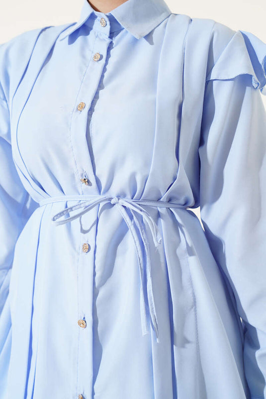 Omuz Fırfırlı Şeritli Kuşaklı Gömlek Buz Mavisi