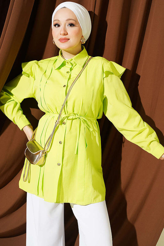 Shoulder Ruffled Shirt With Striped Belt In Pistachio Green
