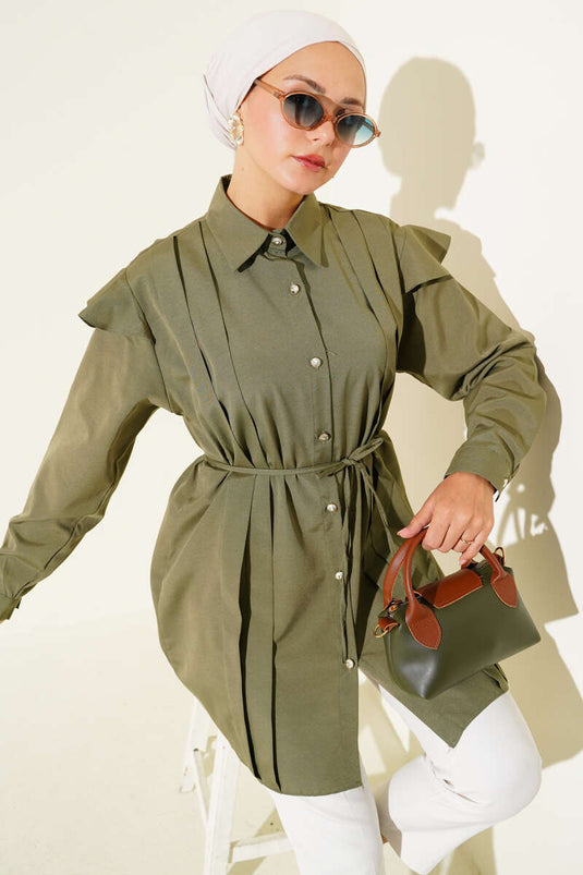 Chemise rayée à volants et ceinture aux épaules, kaki