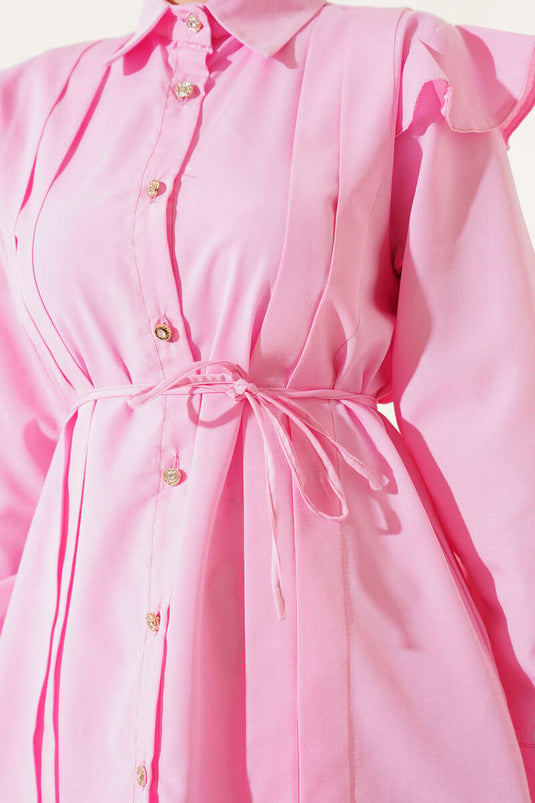 Omuz Fırfırlı Şeritli Kuşaklı Gömlek Pembe