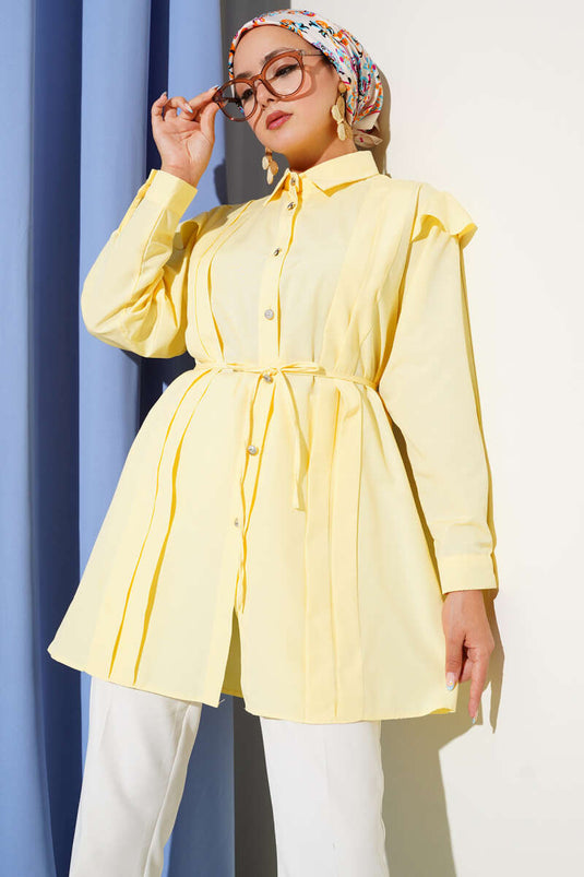 Chemise Jaune À Manches Volantées Avec Ceinture Et Bandes, Mode Modeste