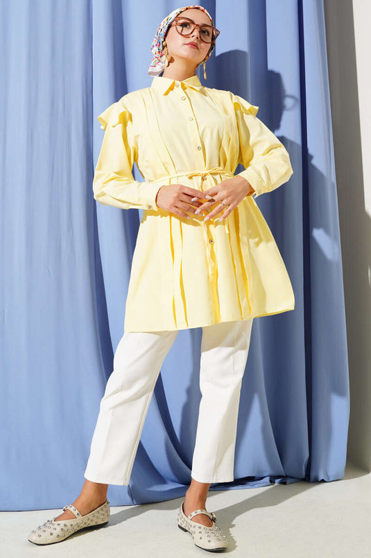 Chemise Jaune À Manches Volantées Avec Ceinture Et Bandes, Mode Modeste