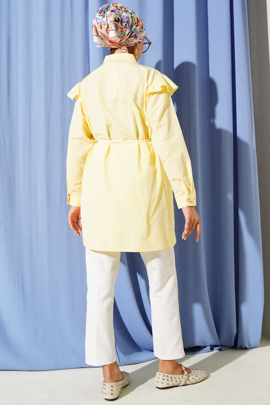 Chemise Jaune À Manches Volantées Avec Ceinture Et Bandes, Mode Modeste