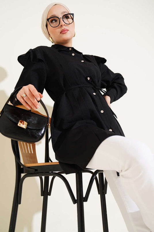 Omuz Fırfırlı Şeritli Kuşaklı Gömlek Siyah